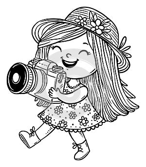 Cute cartoon photographer girl with a cap. Outline isolated little kid illustration, hobby, children activities photo