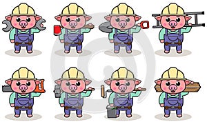 Cute cartoon of Pig being a handyman with big tools.