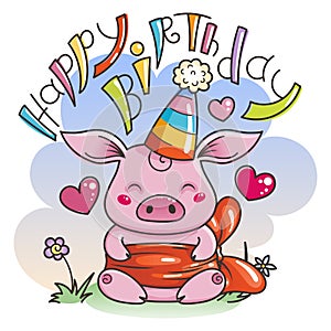 Cute cartoon pig in love. Symbol of New 2019 Year