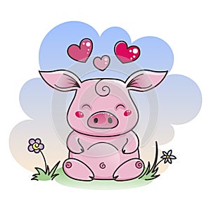 Cute cartoon pig in love. Symbol of New 2019 Year