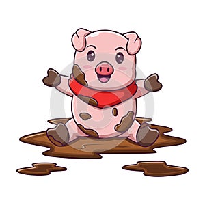 Cute cartoon pig in a puddle, vector cartoon illustration