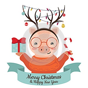 Cute cartoon pig with reindeers horns, garlands and christmas balls.