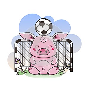 Cute cartoon pig with a soccer ball. Vector illustration.