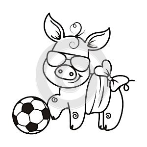 Cute cartoon pig with a soccer ball. Vector illustration.