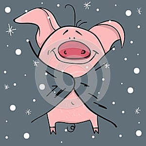 Cute Cartoon Piggy. Winter background.