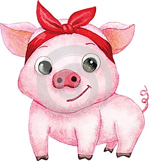 Cute cartoon piglet with red ribbon. watercolor vector