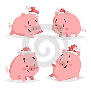 Cute cartoon piglet in santa hats set. Chinese symbol of 2019 year. Funny and cheerful farm animals collection