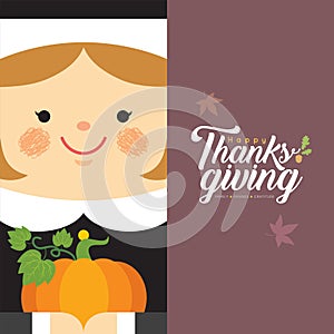 Thanksgiving day - cartoon pilgrim girl holding pumpkin in flat design