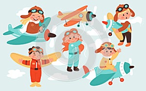 Cute cartoon pilots flat icons set. Cute baby with airplane toy, special flying suit and airplanes transport