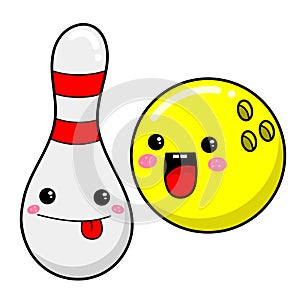 Cute cartoon pin and bowling ball, vector illustration