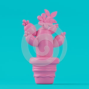 Cute Cartoon Pink Cactus in Duotone Style. 3d Rendering