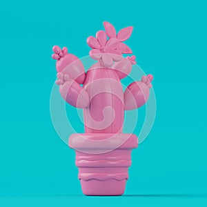 Cute Cartoon Pink Cactus in Duotone Style. 3d Rendering photo