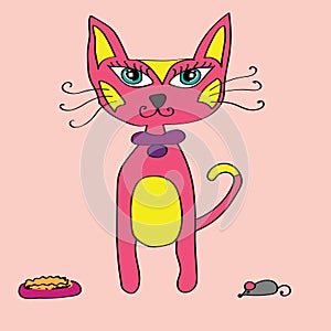 Cute cartoon pink cat with mause and plate