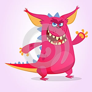 Cute cartoon pink dragon troll or goblin. Vector illustration