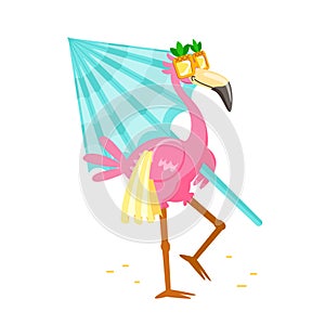 Cute Cartoon Pink Flamingo in Funny Sunglasses with Towel and Umbrella Walk to Beach. Character Summer Vacation