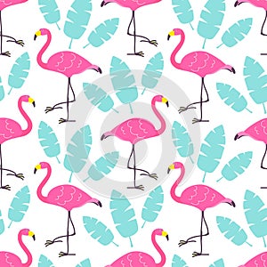 Cute cartoon pink flamingos and green tropical leaves isolated on white background. Vector seamless pattern can be used for poster