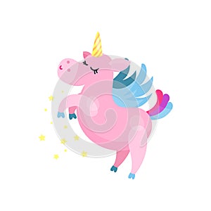Cute cartoon pink magic unicorn pegasus vector Illustration