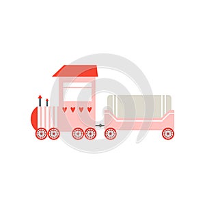 Cute cartoon pink toy cargo train, railroad toy with locomotive vector Illustration on a white background