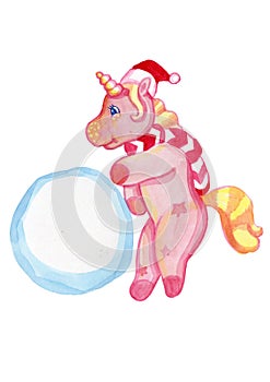 Cute cartoon pink unicorns celebrate Christmas in the winter season