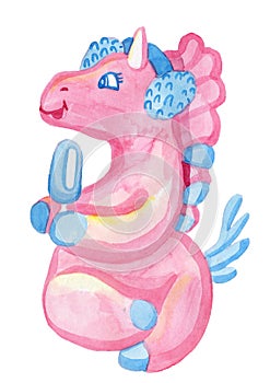 Cute cartoon pink unicorns celebrate Christmas in the winter season