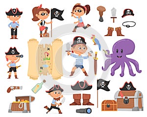 Cute cartoon pirates. Child pirate, kids wear party costume. Sea or ocean characters, treasure map, wooden chest