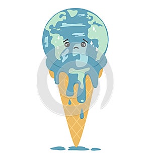 Cute cartoon planet earth ice cream global warming concept vector illustration