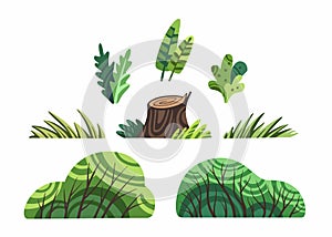 Cute cartoon plants clip art set isolated on white vector. Bushes, leaves and stump clipart stock flat illustration.