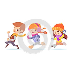 Cute cartoon playing kids running in winter.