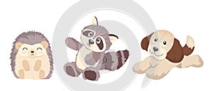 Cute cartoon playthings for children isolated set with raccoon, puppy, hedgehog plush baby toys