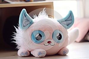 cute cartoon plush cat toy with googley eyes and fluffy fur