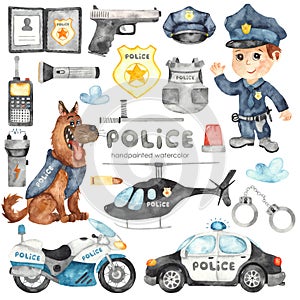 Watercolor set with police helicopter, car, motorcycle, police officer and police equipment