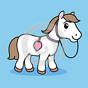 Cute cartoon pony with pink collar and heart tag. White horse with brown hair smiling on blue background. Child-friendly