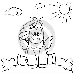 Cute cartoon pony sitting on the meadow. Black and white illustration for coloring book