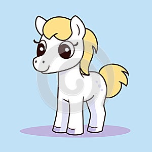 Cute cartoon pony with yellow mane, big eyes standing on blue background. Adorable little horse for kids design vector