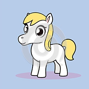 Cute cartoon pony with yellow mane and tail, happy white horse for kids. Childhood fantasy and fun animal character