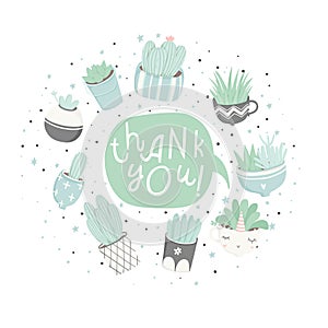 Cute cartoon postcards with succulents and cactuses