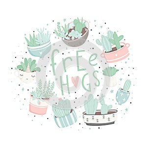 Cute cartoon postcards with succulents and cactuses