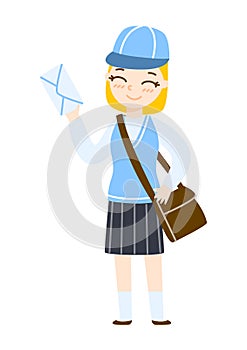 Cute cartoon postman girl with mail isolated on white background