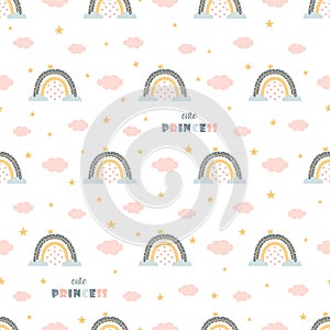 Cute cartoon princess rainbow seamless pattern, vector illustration