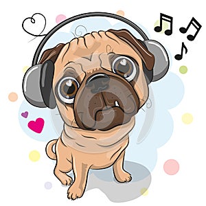 Cute cartoon Pug Dog with headphones