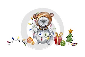 Cute cartoon puppy illustration. Watercolor illustration for Christmas. Dog year greeting card.