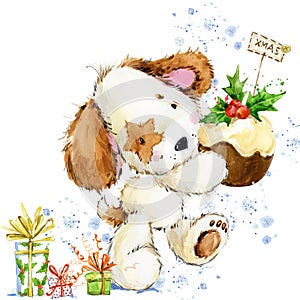 Cute cartoon puppy watercolor illustration. Dog year greeting card.