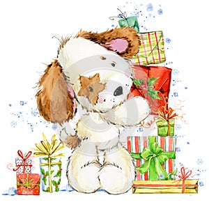 Cute cartoon puppy watercolor illustration. Dog year greeting card.