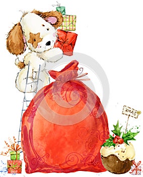 Cute cartoon puppy watercolor illustration. Dog year greeting card.