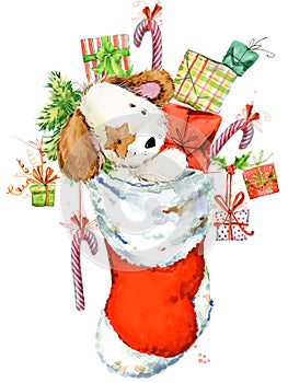 Cute cartoon puppy watercolor illustration. Dog year greeting card.