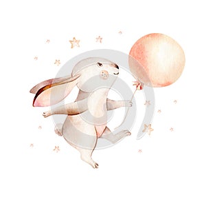 Cute cartoon rabbit animal hand drawn watercolor bunny illustration with air balloon. kids nursery wear fashion design