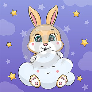 A cute cartoon rabbit and a big smiling cloud.