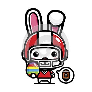 Cute cartoon rabbit character becomes american football player holding easter egg on easter day
