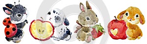 Cute cartoon rabbit. forest animal illustration. watercolor hare. funny pet.