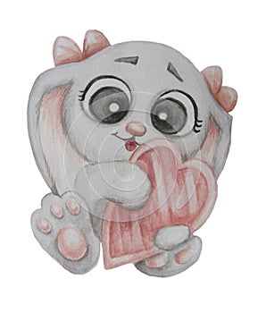 Cute cartoon rabbit girl with bows on the ears and with a heart in her paws. Watercolor. hand drawing. Isolated on white